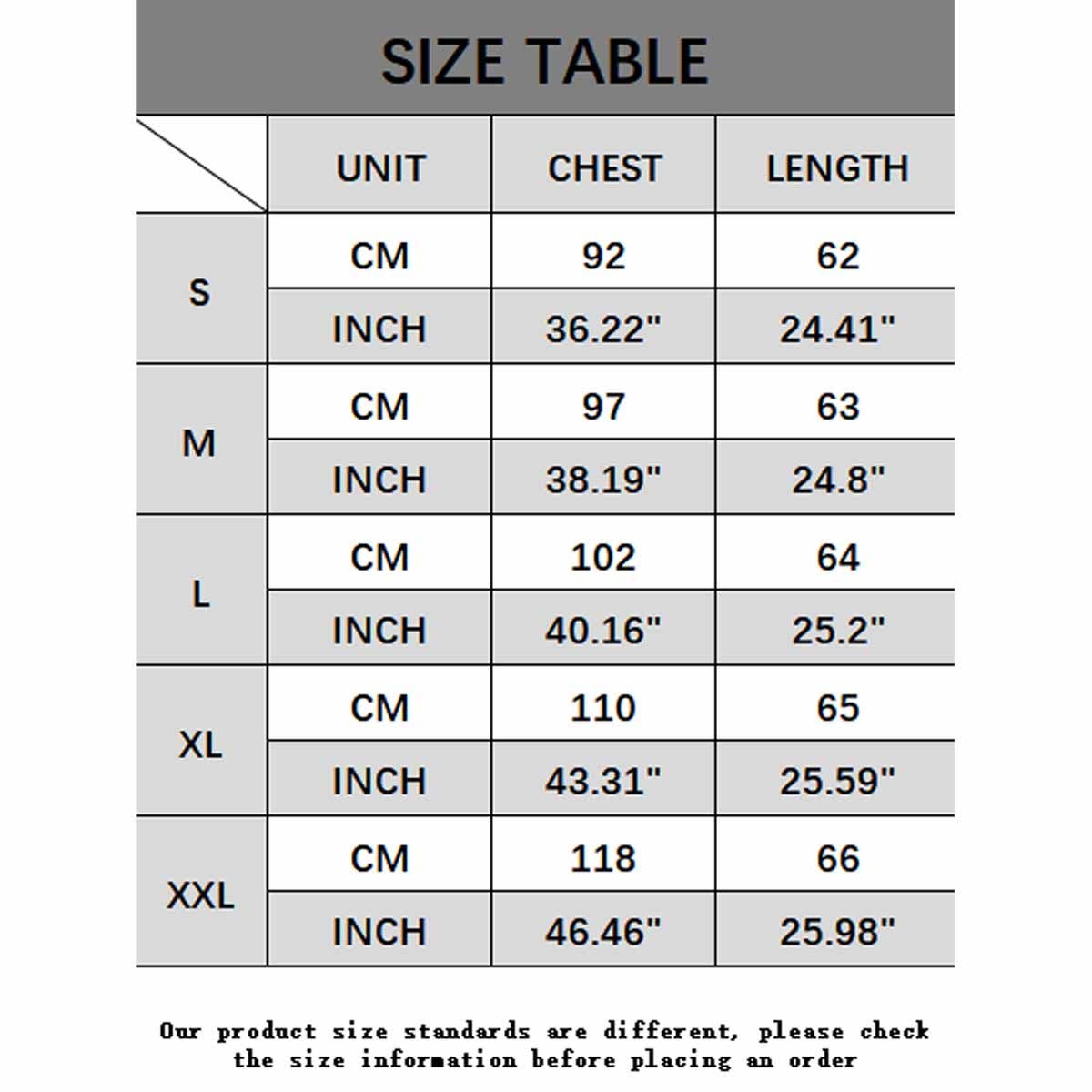 Size chart for round neck basic T-shirt, listing chest and length measurements in cm and inches for sizes S to XXL.
