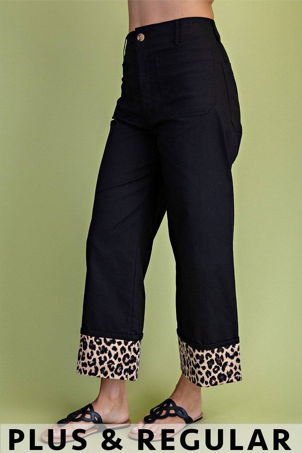 Leopard Cuff Cropped Wide Leg Pants
