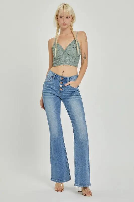 Risen Mid Rise Button Down Flare Jeans at The Swanky Bee!