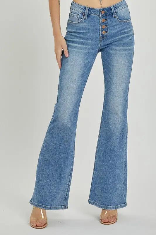 Risen Mid Rise Button Down Flare Jeans at The Swanky Bee!