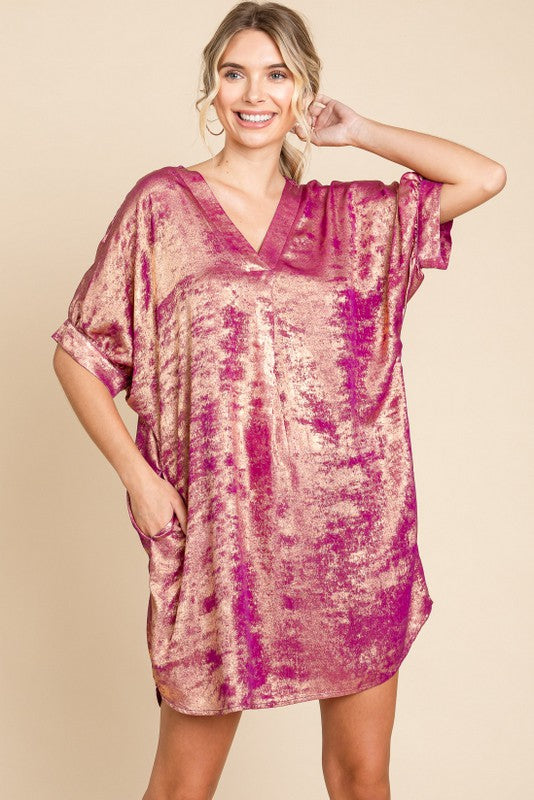 Burgundy and Gold Metallic Dress with Pockets