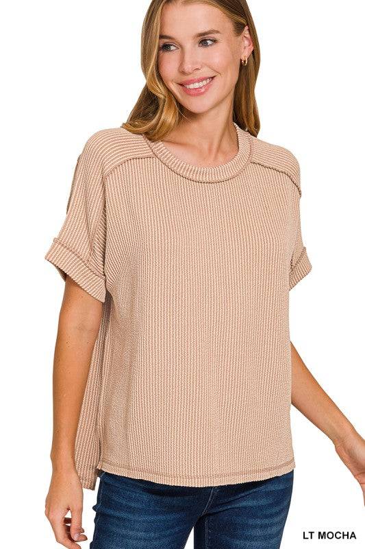 Raised Rib Cuff Sleeve Raw Edge Top – Wavy Rib Knit