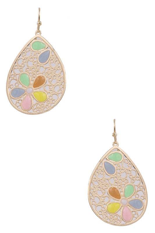 Metal Epoxy Flower Teardrop Earrings