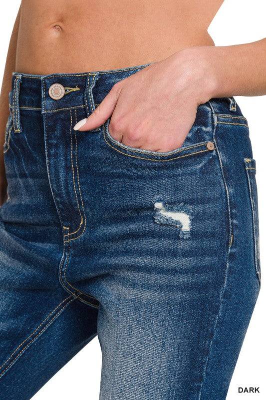 High Rise Straight Leg Cropped Denim – Raw Hem Distressed Stretch Jeans
