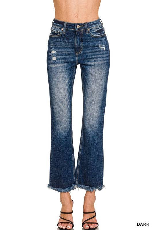 High Rise Straight Leg Cropped Denim – Raw Hem Distressed Stretch Jeans