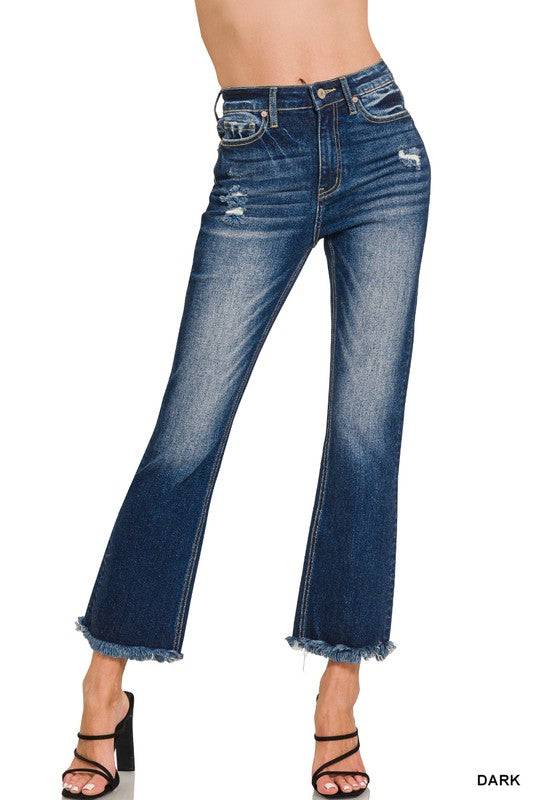 High Rise Straight Leg Cropped Denim – Raw Hem Distressed Stretch Jeans