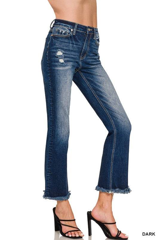 High Rise Straight Leg Cropped Denim – Raw Hem Distressed Stretch Jeans