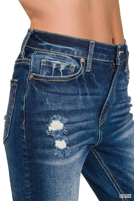 High Rise Straight Leg Cropped Denim – Raw Hem Distressed Stretch Jeans
