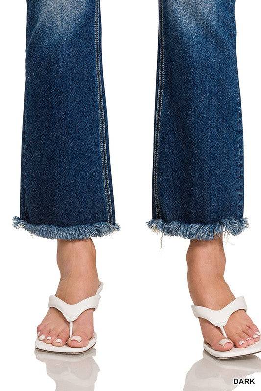 High Rise Straight Leg Cropped Denim – Raw Hem Distressed Stretch Jeans