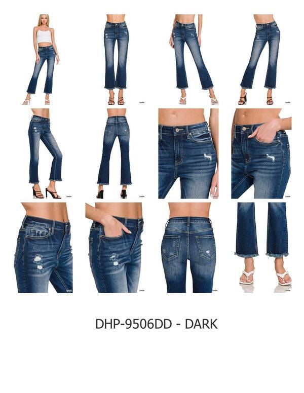 High Rise Straight Leg Cropped Denim – Raw Hem Distressed Stretch Jeans