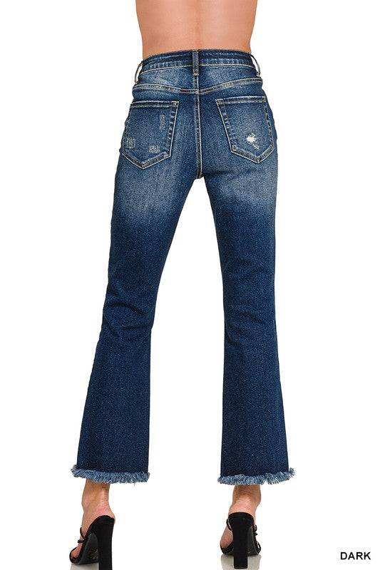 High Rise Straight Leg Cropped Denim – Raw Hem Distressed Stretch Jeans