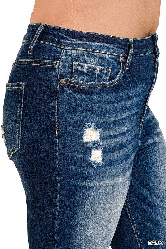 High Rise Straight Leg Cropped Denim – Raw Hem Distressed Stretch Jeans