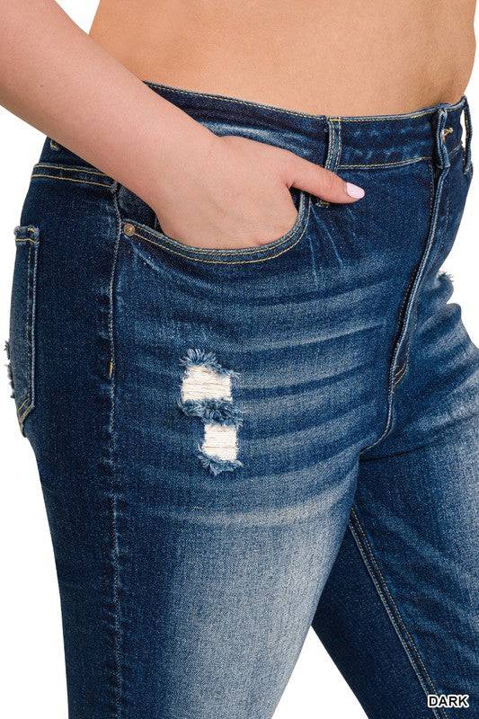 High Rise Straight Leg Cropped Denim – Raw Hem Distressed Stretch Jeans