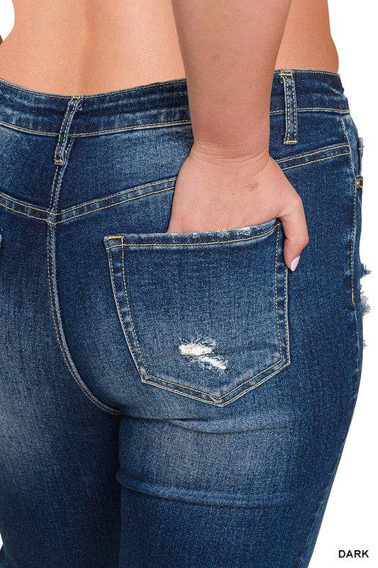 High Rise Straight Leg Cropped Denim – Raw Hem Distressed Stretch Jeans