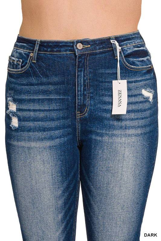 High Rise Straight Leg Cropped Denim – Raw Hem Distressed Stretch Jeans