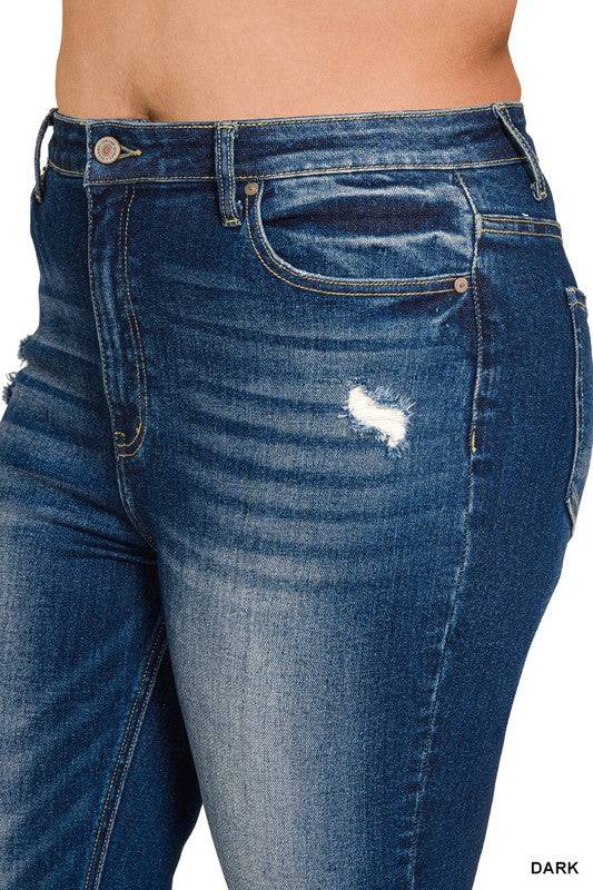 High Rise Straight Leg Cropped Denim – Raw Hem Distressed Stretch Jeans