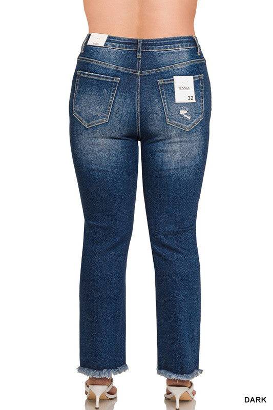 High Rise Straight Leg Cropped Denim – Raw Hem Distressed Stretch Jeans