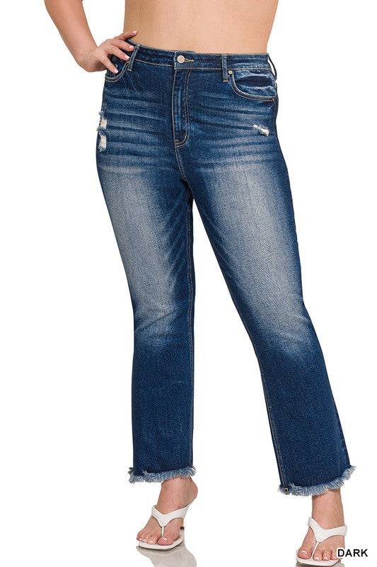 High Rise Straight Leg Cropped Denim – Raw Hem Distressed Stretch Jeans