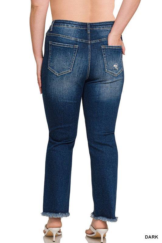 High Rise Straight Leg Cropped Denim – Raw Hem Distressed Stretch Jeans