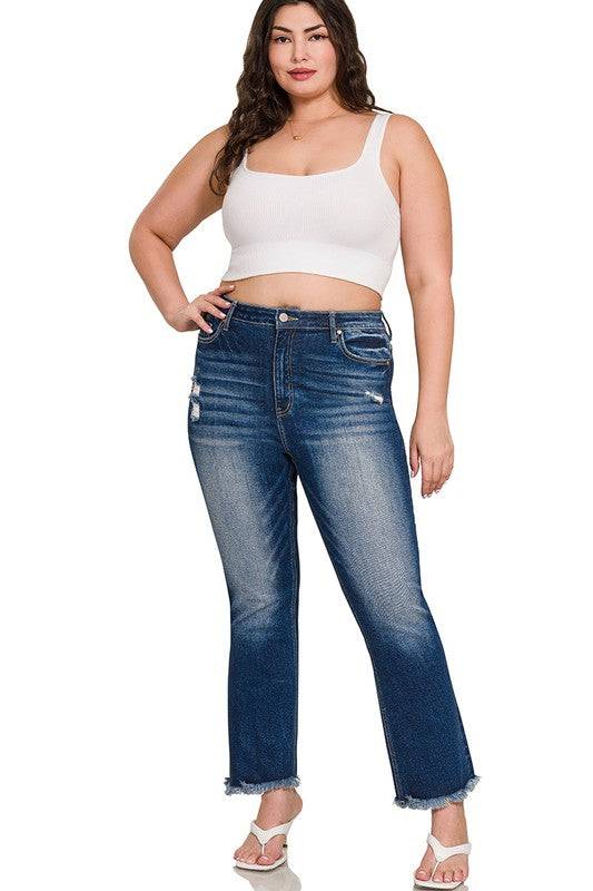 High Rise Straight Leg Cropped Denim – Raw Hem Distressed Stretch Jeans