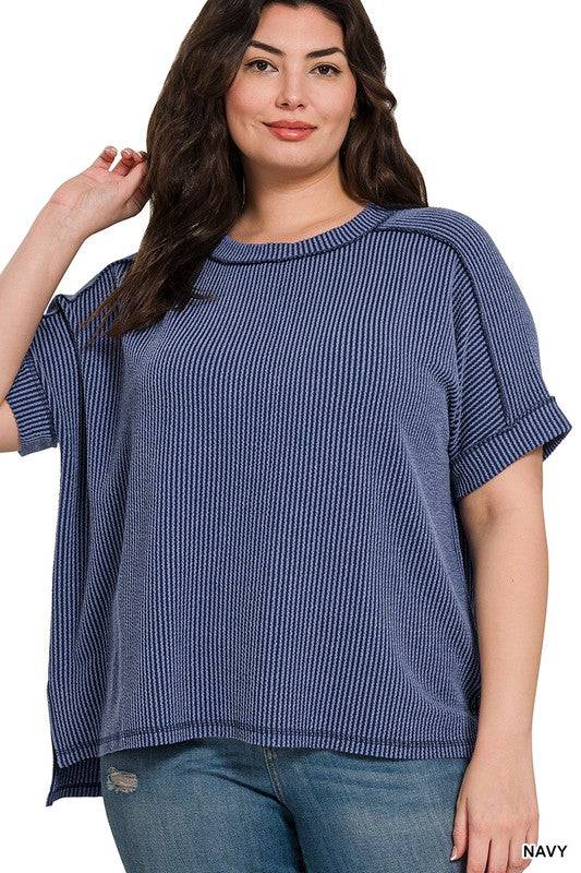 Raised Rib Cuff Sleeve Raw Edge Top – Wavy Rib Knit