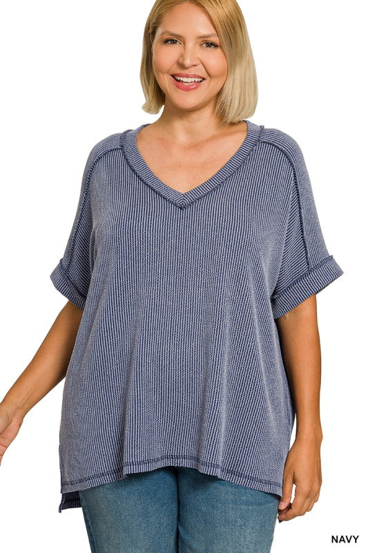 Raised Rib Short Sleeve Hi-Low V-Neck Top