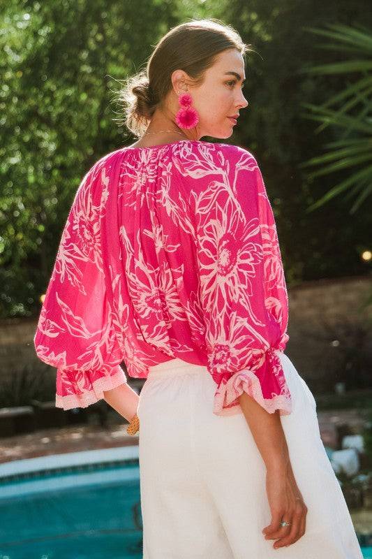 Back view of Floral Printed Blouse - Stylish & Comfortable featuring flowy rayon fabric and ruffled hem, ideal for plus-size casual wear.