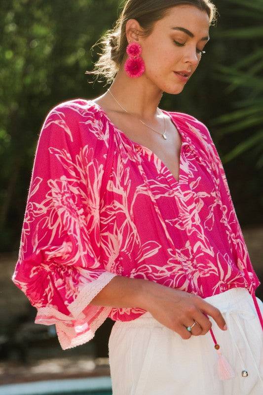 Floral Printed Blouse - Stylish & Comfortable in pink with white floral design, 3/4 flutter sleeves, paired with white pants for a chic summer look.