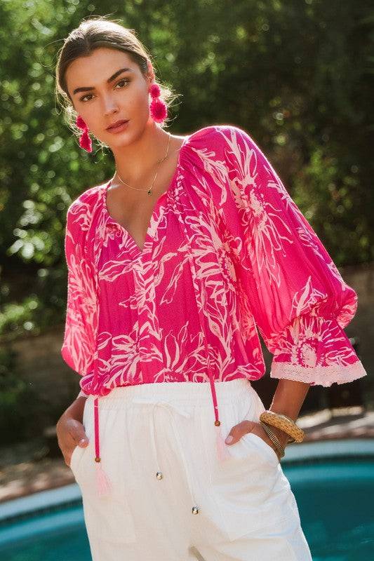 Floral Printed Blouse - Stylish & Comfortable in vibrant pink with tassel ties and relaxed fit, perfect for warm-weather fashion in sizes 1XL to 3XL.