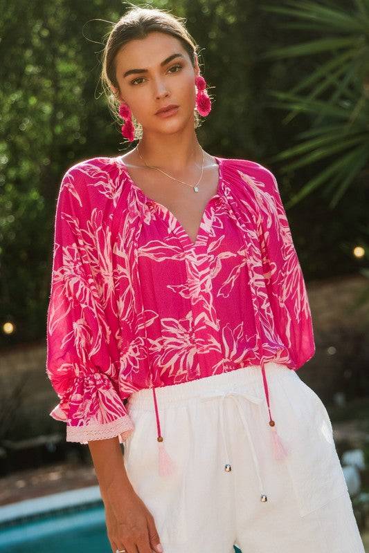 Floral Printed Blouse - Stylish & Comfortable in rayon with pink and white floral pattern, flattering V-neck and 3/4 sleeves for everyday elegance.