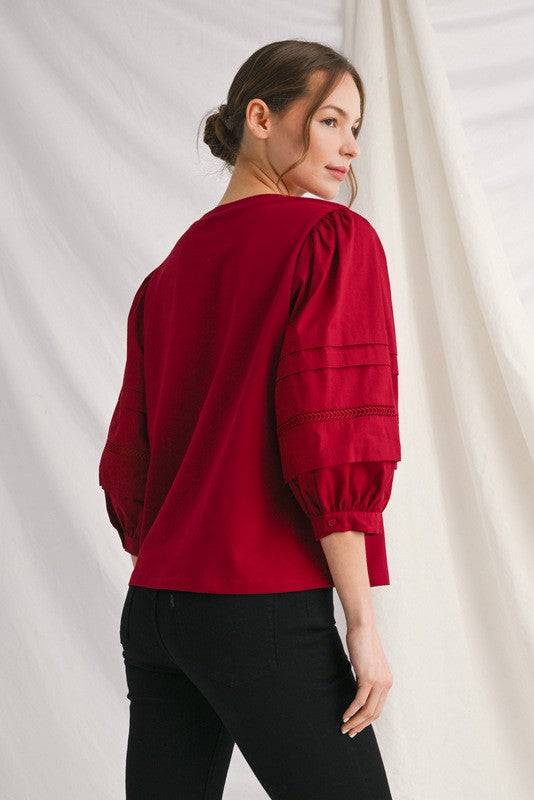 3/4 Puff Sleeve Solid Top with Ladder Trim