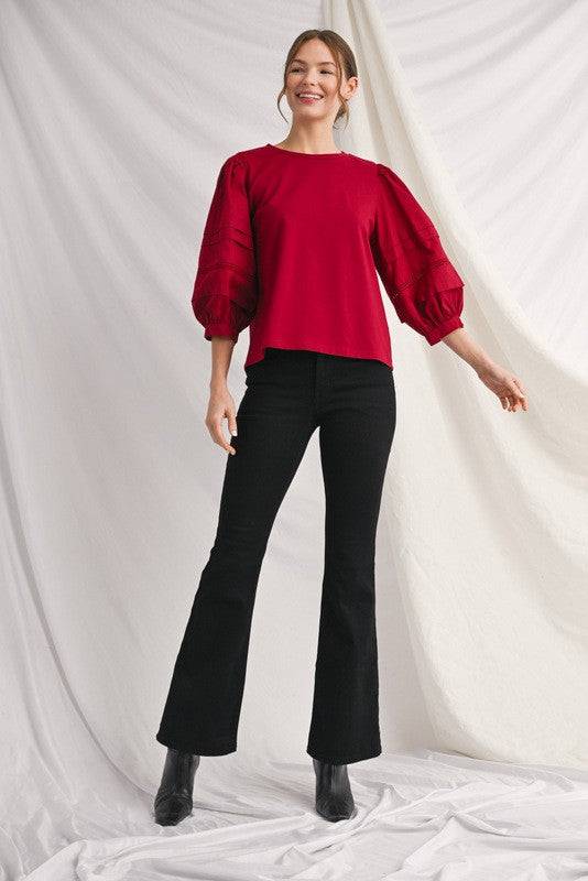 3/4 Puff Sleeve Solid Top with Ladder Trim
