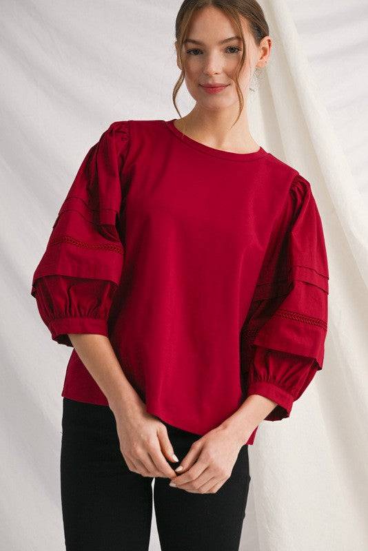 3/4 Puff Sleeve Solid Top with Ladder Trim