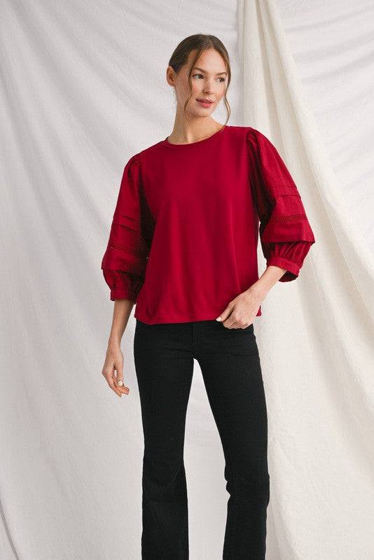 3/4 Puff Sleeve Solid Top with Ladder Trim