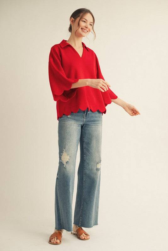 Scallop Edge Detail Solid V-Neck Top