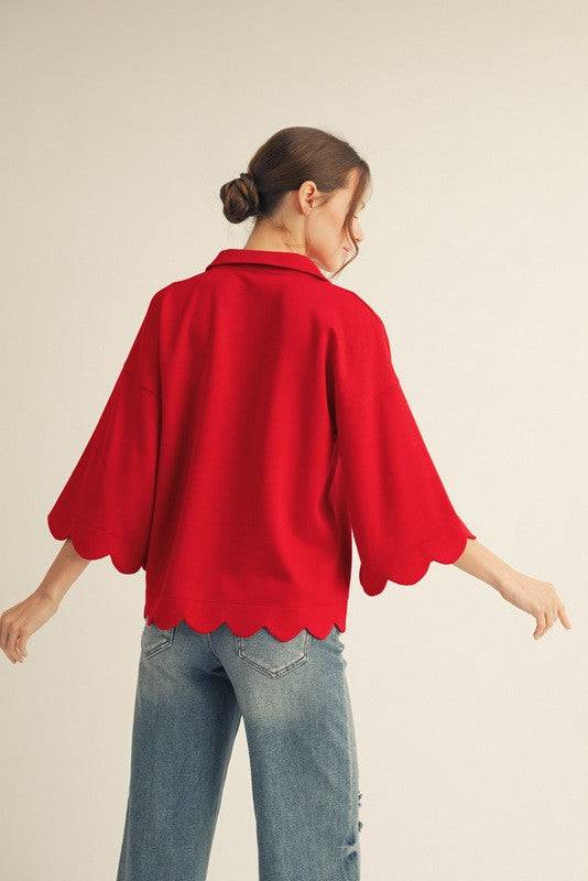 Scallop Edge Detail Solid V-Neck Top