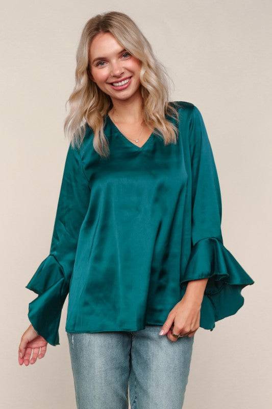 Solid Satin Hi-Low Ruffle Sleeve Blouse