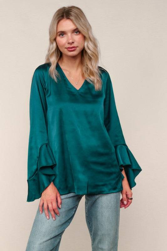 Solid Satin Hi-Low Ruffle Sleeve Blouse