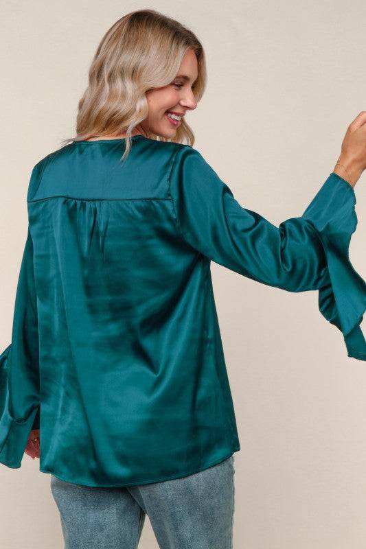 Solid Satin Hi-Low Ruffle Sleeve Blouse