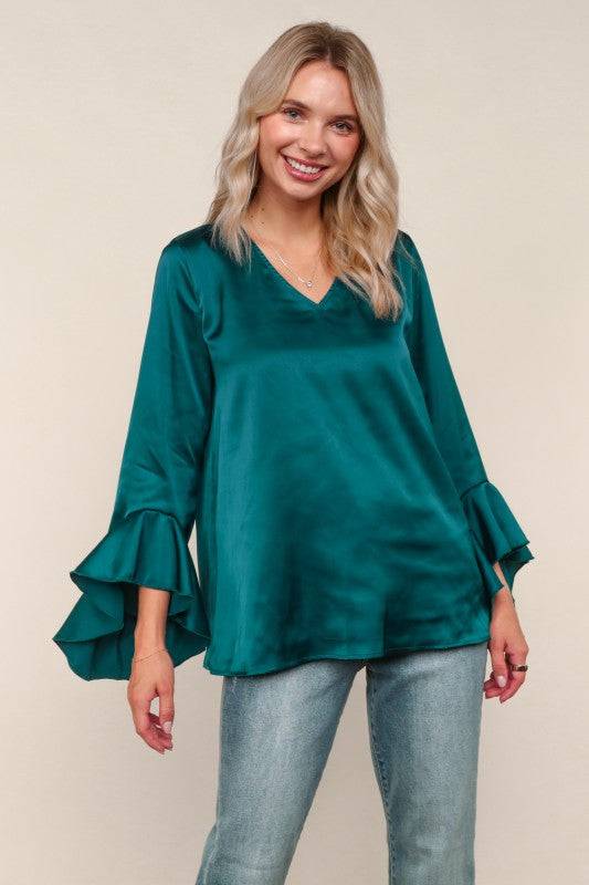Solid Satin Hi-Low Ruffle Sleeve Blouse