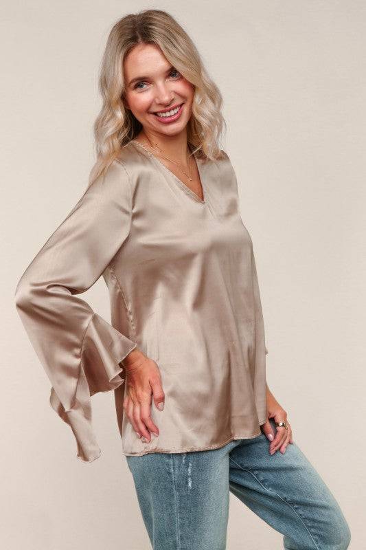 Solid Satin Hi-Low Ruffle Sleeve Blouse