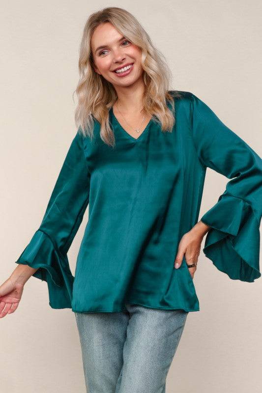 Solid Satin Hi-Low Ruffle Sleeve Blouse