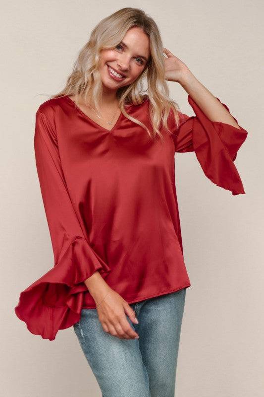 Solid Satin Hi-Low Ruffle Sleeve Blouse