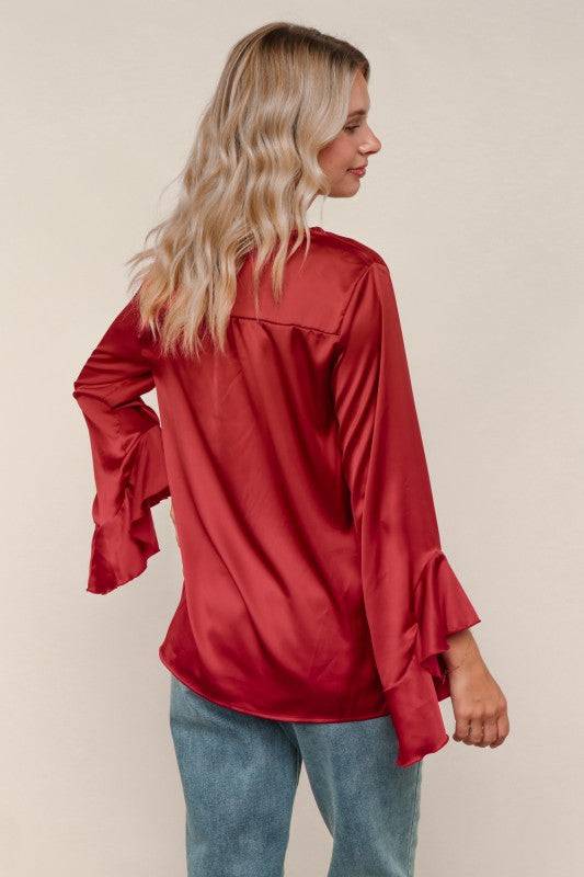 Solid Satin Hi-Low Ruffle Sleeve Blouse