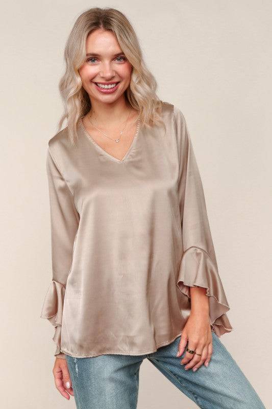 Solid Satin Hi-Low Ruffle Sleeve Blouse