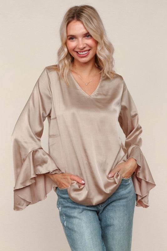 Solid Satin Hi-Low Ruffle Sleeve Blouse