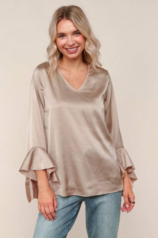 Solid Satin Hi-Low Ruffle Sleeve Blouse