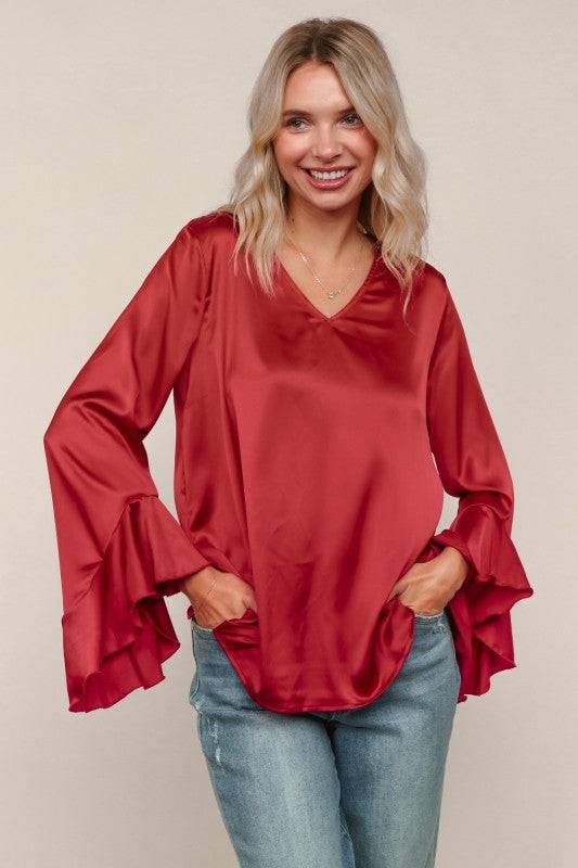 Solid Satin Hi-Low Ruffle Sleeve Blouse