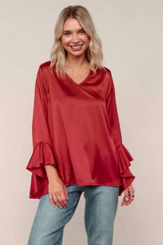 Solid Satin Hi-Low Ruffle Sleeve Blouse
