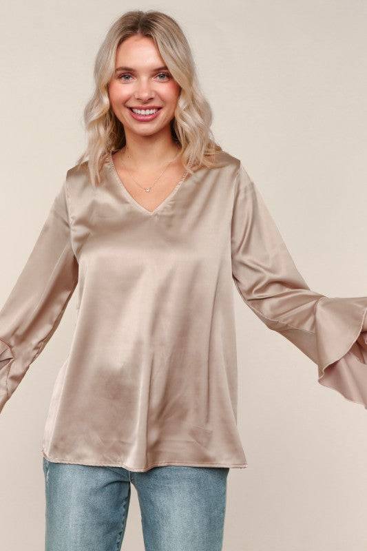 Solid Satin Hi-Low Ruffle Sleeve Blouse